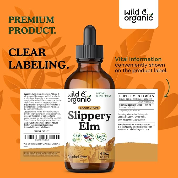 Wild &amp Organic Slippery Elm Liquid Drops - Lung Digestive &amp Women's Support - Slippery Elm Bark Supplement - Add to Tea Tincture - Ulmus Rubra Herb - Vegan Sugar &amp Alcohol-Free - 4 fl oz