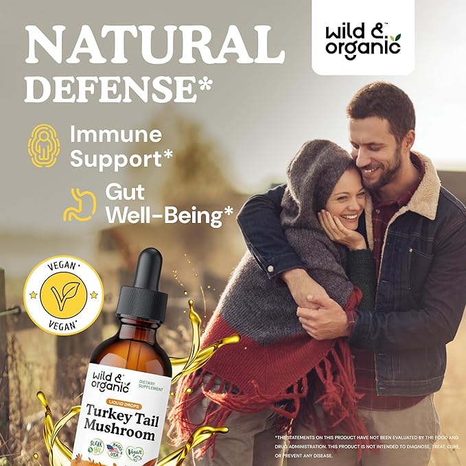 Wild &amp Organic Turkey Tail Tincture - Immune &amp Gut Support - Turkey Tail Mushroom Extract Drops - Vegan Sugar &amp Alcohol-Free Liquid Supplement - 2 fl oz