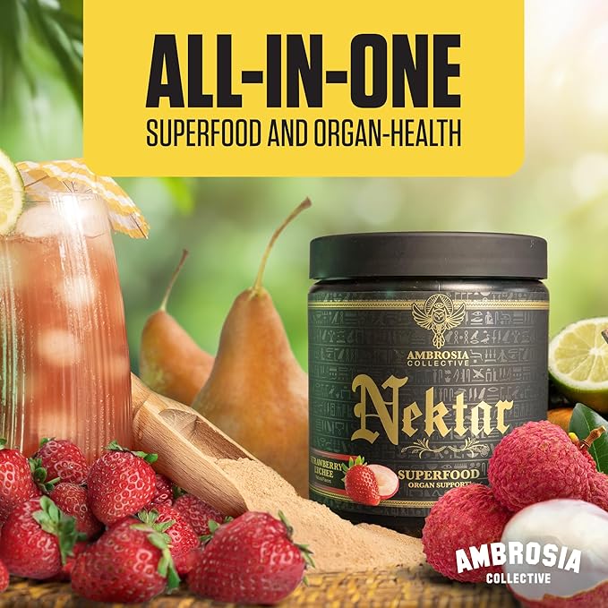 Ambrosia Nektar - Superfood Powder | Daily Organ Support Supplement | Greens Powder Alternative | 13 Superfoods for Energy Digestion Skin Health &amp Immune Support | 30 Servings | Strawberry Lyche