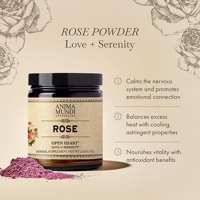 Anima Mundi Apothecary Love + Serenity Rose Petal Powder - with Edible Dried Rose Petals &amp Buds - for Heart Chakra - Fluffy Aromatic Blend for Teas Lattes Desserts and More (2.5oz / 71g)