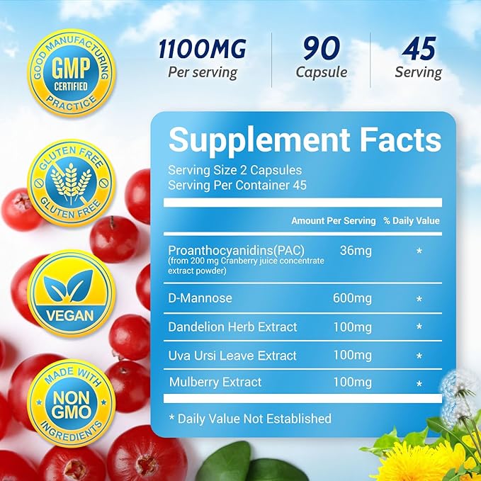 5 in 1 Cranberry Supplement for Women 36mg PAC 100% Soluble D-mannose Dandelion Herb Mulberry Uva Ursi Leaf Natural Urinary Tract Health Support Cranberry Pills UTIs Prevention 90 Caps