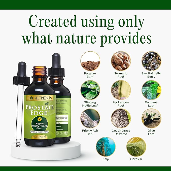 Go Nutrients Prostate Edge - Saw Palmetto &amp Pygeum Extract Supplement for Men’s Prostate Health &amp Relief - Organic Liquid Drops to Support Urinary Flow Bladder Comfort &amp Vitality – 2oz