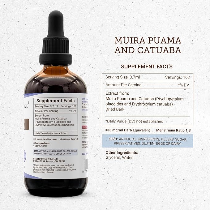 Secrets of the Tribe Muira Puama and Catuaba Alcohol-Free Liquid Extract (Ptychopetalum Olacoides and Erythroxylum Catuaba) Dried Bark Tincture Supplement (4 FL OZ)