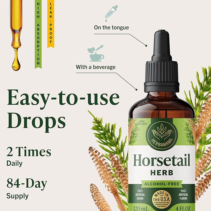 HERBAMAMA Horsetail Herb Extract Drops - Vegan Hair Nail &amp Skin Care with Horsetail Leaves Tincture - Non-GMO Alcohol &amp Sugar-Free Liquid Hair Strengthening Supplement 84-Day Supply
