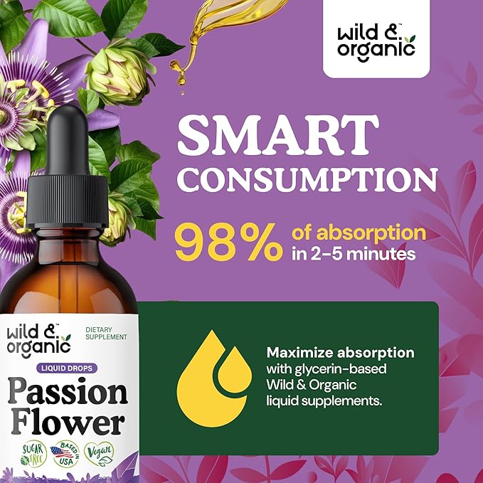 Wild &amp Organic Passionflower Tincture - Relaxing Passion Flower Drops for Women - Liquid Passiflora Incarnata Herb - Vegan Sugar &amp Alcohol-Free Extract Supplement - 2 fl oz