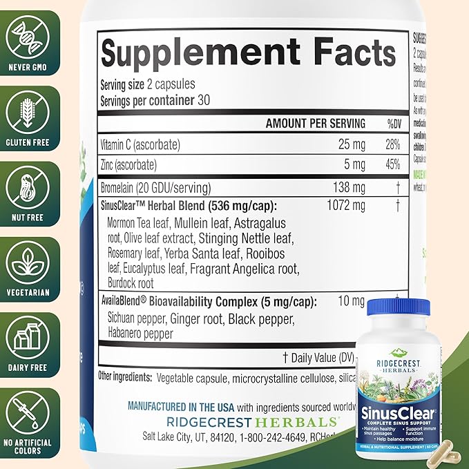 RidgeCrest Herbals SinusClear Complete Formula for Sinus and Nasal Health with Mullein Leaf Bromelain Vitamin C and Zinc for Healthy Mucus Immune &amp Respiratory Support (60 Veg Caps 30 Serv