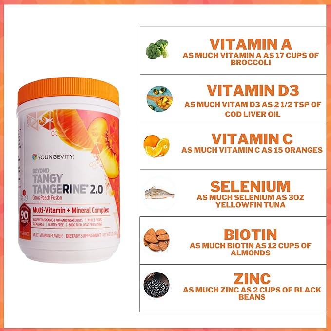 Youngevity Beyond Tangy Tangerine 2.0 Citrus Peach Fusion Multi-Vitamin &amp Mineral Complex - Made with Natural &amp Whole Foods | 8000 ORAC