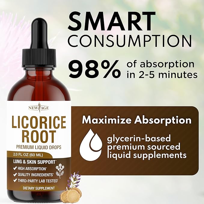 NEW AGE Licorice Root Tincture - Digestive Lung &amp Skin Support - Licorice Root Extract Liquid Drops - Vegan Sugar &amp Alcohol-Free Supplement - 4 fl oz