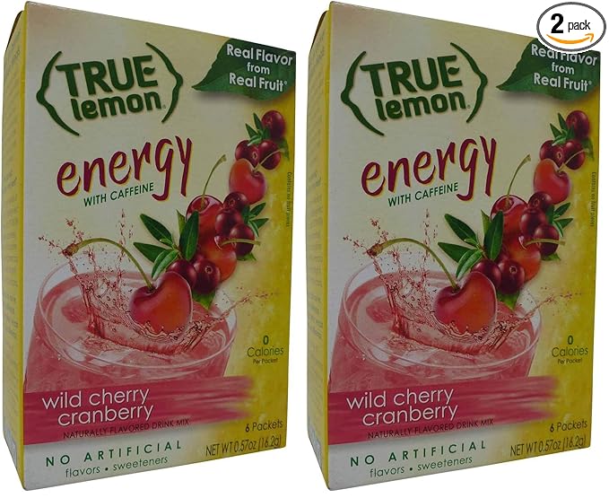 True Lemon (Energy Drinks) Wild Cherry Cranberry 4 boxes 24ct instant powdered drink mix packets by True Citrus (Pack of 2)