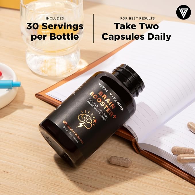 Vital Vitamins Nootropic Brain Supplement Plus - for Memory Focus Concentration Neuro Energy Clarity - with Lion's Mane Mushrooms - 60 Capsules