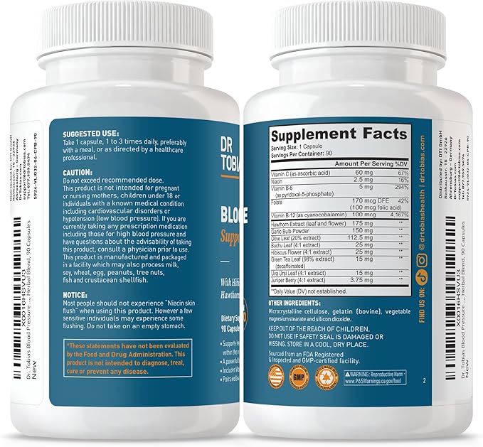 Dr. Tobias Blood Pressure Support Supplement with Hawthorn Hibiscus Flower Olive Leaf &amp Garlic Supports Normal Circulatory Health with Vitamins C B6 B12 Niacin Folate &amp Herbs 90 Capsul