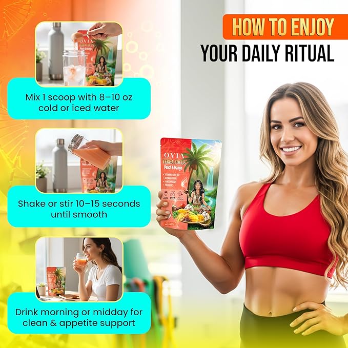 OVIA Yerba Mate Tea Instant Powder for Weight Loss with Vitamin D3 &amp B12 and Lion’s Mane – Prebiotics &amp Probiotics for Clean Energy Focus &amp Digestive Support | Zero Sugar - Peach Mango - 3
