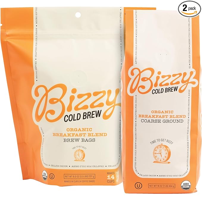 Bizzy Organic Cold Brew Coffee | Bundle | Coarse Ground Coffee | Breakfast Blend 1 LB + Breakfast Blend Brew Bags 4-count | 2 Pack