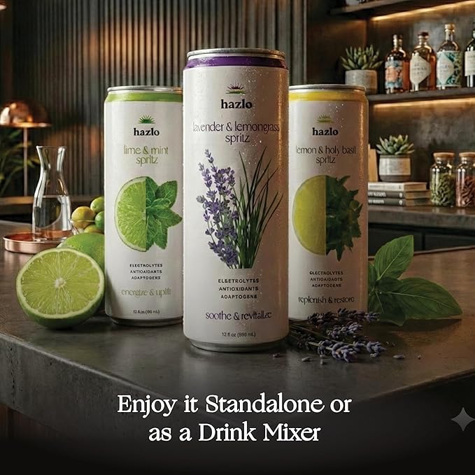 Hazlo Zero Proof Spritz Cocktail Mixer Craft Mocktails with Adaptogens Nootropics - Functional Seltzer Calming Non Alcoholic Drinks Alcohol Alternatives for Mood Variety Pack 12 Count