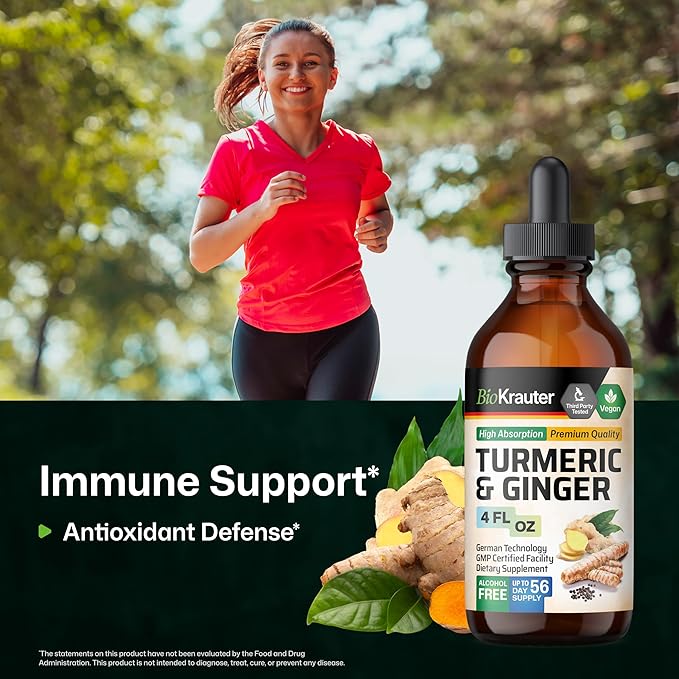 BIO KRAUTER® Turmeric and Ginger Supplement - Pure Vegan Liquid Turmeric &amp Ginger Tincture with Pepper 4 Fl.Oz 56 Days of Supply - Curcumin Drops for Joint Support Antioxidant &amp Immune Suppor
