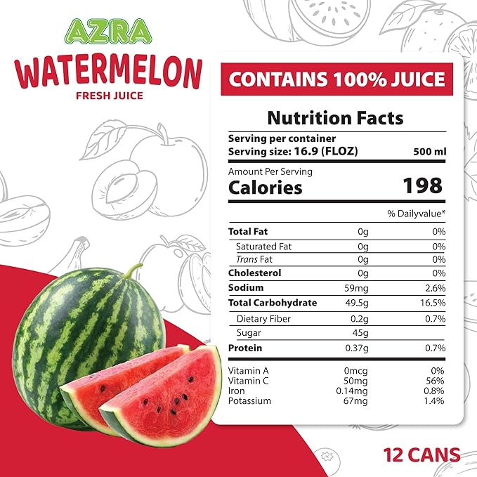 AZRA 100% Watermelon Juice – Fresh Fruit Juice in 500ml Cans (Pack of 12) – Zero Sugar Drinks Healthy Beverages Variety Pack for Kids and Adults – 100% Juice Bulk Drinks