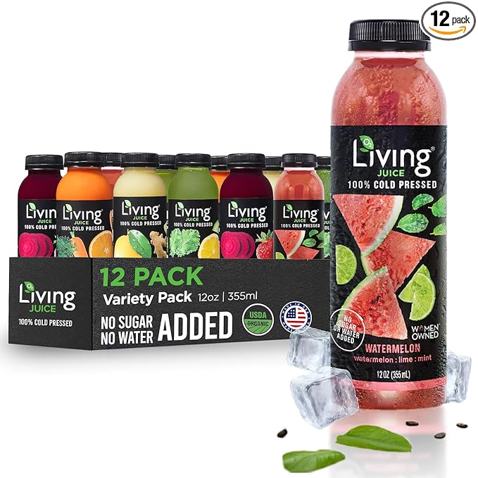 O2 Living Organic Cold-Pressed Juice Drink - 12oz Variety Pack + Watermelon 12 Pack No Added Sugars or Water Natural Sweetness from Fruits Packed with Nutrients and Vitamins Refreshing Non-GMO