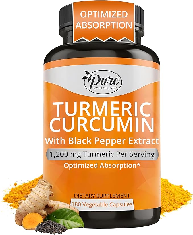 Pure By Nature Turmeric Curcumin with Black Pepper Extract 10 mg Capsules 1200 mg per Serving Organic High Absorption Antioxidant Support (180 Count)