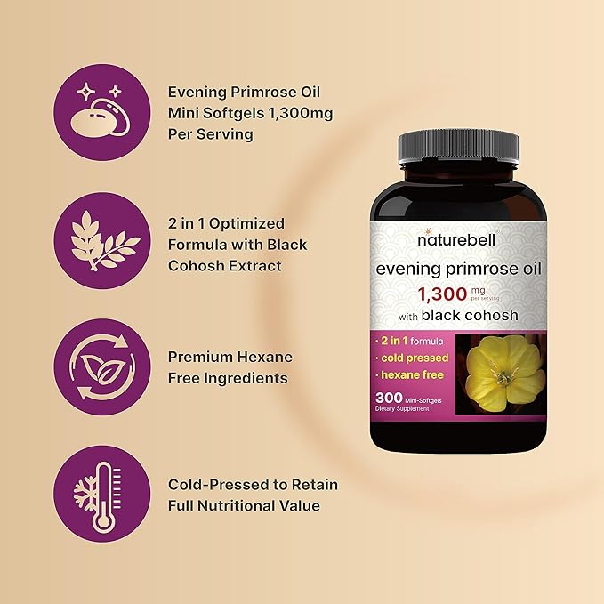 NatureBell Evening Primrose Oil with Black Cohosh 1300mg Per Serving 300 Mini-Softgels | Cold Pressed Seeds Retains 130mg GLA for Womens Health &amp Skin Care Support – Hexane Free Non-GMO