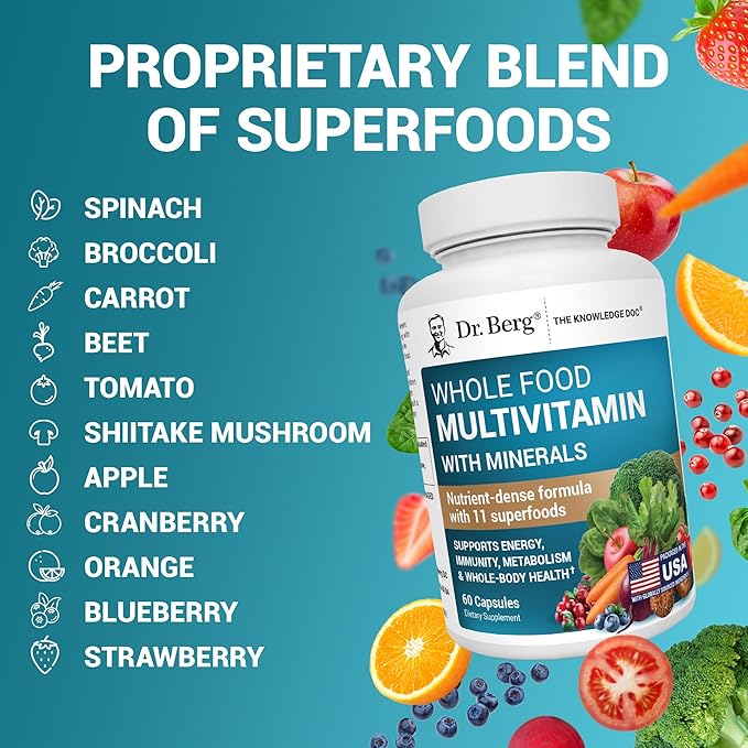 Dr. Berg Whole Food Multivitamin with Minerals - Daily Multivitamin for Men and Women - Includes Premium Whole Food Fruits and Vegetable Blend with Folate Alpha-lipoic Acid and More - 60 Capsules