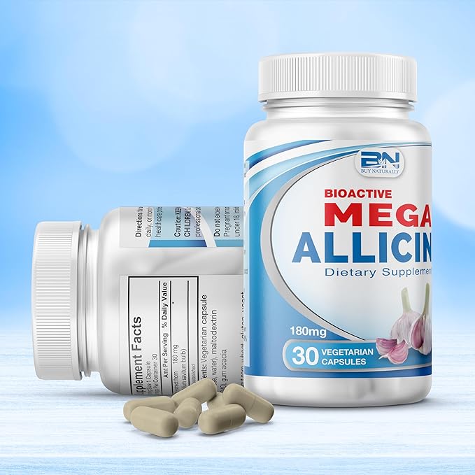 Allicin Supplement 100% Stabilized from Garlic Odor-Controlled Extract 180000mcg (180mg) Non-GMO Gluten-Free Vegan Supplement for Heart Health and Immune Support (30 Count)