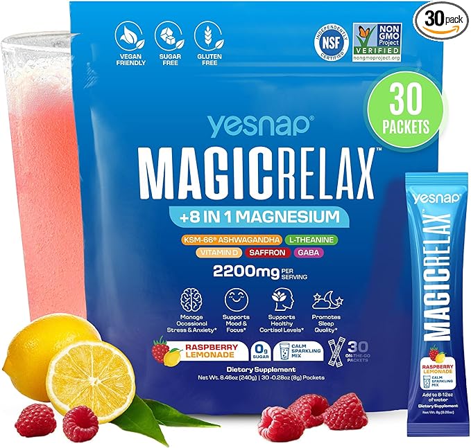 MAGICRELAX Calming Sparking Mix 8-in-1 Magnesium KSM-66 Ashwagandha Saffron Vitamin D3 GABA L-Theanine Supports Healthy Cortisol LevelsMood and Sleep No Sugar Non GMO Raspberry Lemonade Flavor