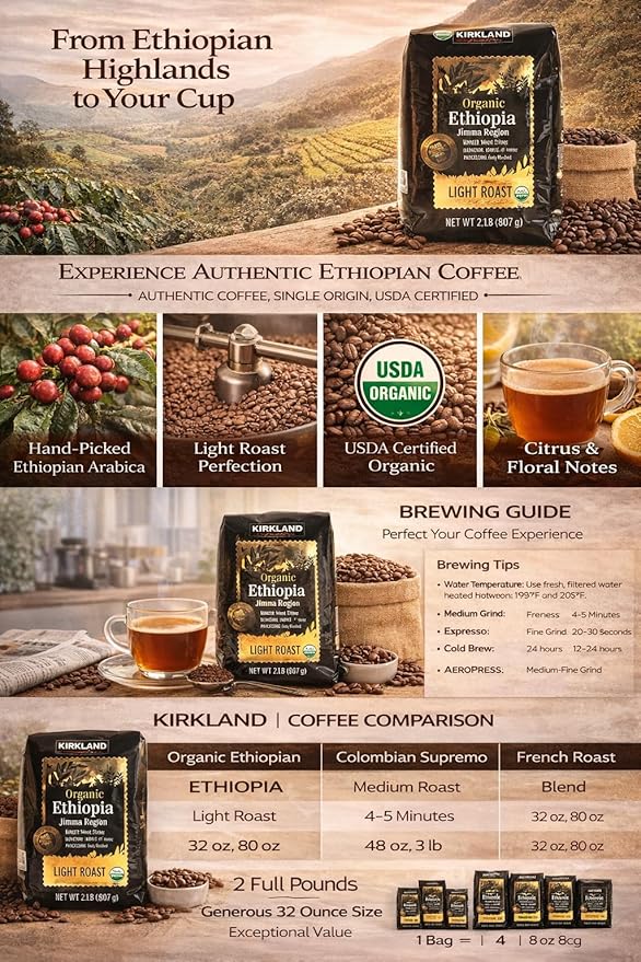 Kirkland Signature Organic Ethiopia Whole Bean Coffee Light Roast (32 Ounce)