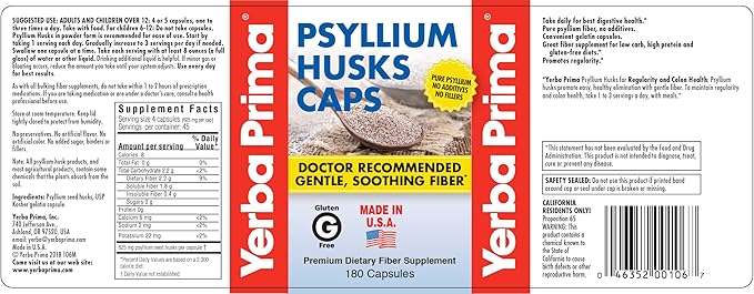 Yerba Prima Psyllium Husks Caps - 180 caps (Pack of 3) - Natural Fiber Supplement - Colon Cleansing - Non-GMO Gluten Free