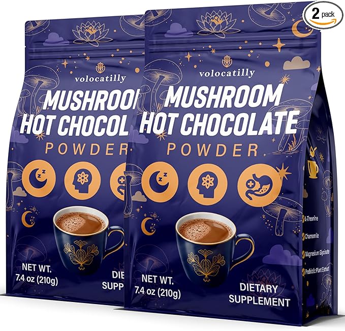 Mushroom Hot Cocoa with Magnesium Glycinate Reishi L-Theanine Ashwagandha Lemon Balm Lavender Cacao Powder Organic Hot Chocolate Supplement for Sleep Relaxation No Melatonin 2P