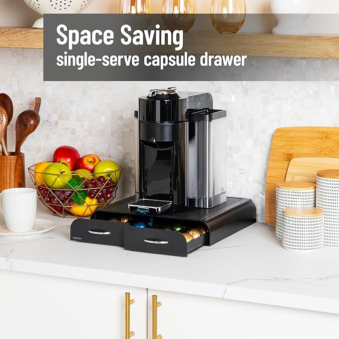 Mind Reader Single Serve Coffee Pod Organizer with 2 Drawers Compatible with 18 Vertuoline (7.77 fl oz) or 72 Original Nespresso (1.35 fl oz) capsules Plastic 13.25L x 12.75W x 2.5H Black