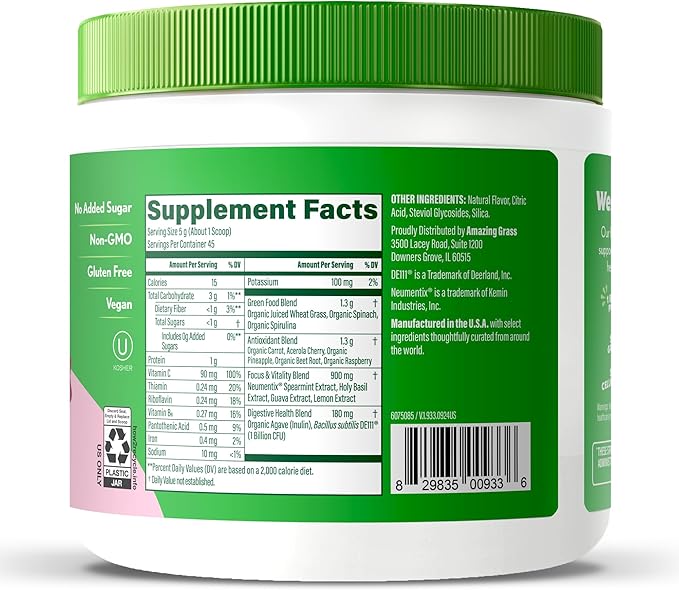 Amazing Grass Sweet Greens and Superfoods Powder for Digestive Health Greens Powder Digestive Enzymes Probiotics Spirulina Chlorella Summer Berry 30 Servings