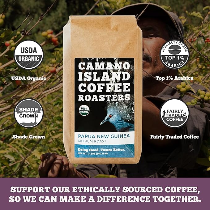 Camano Island Coffee Roasters Papua New Guinea Whole Bean 12oz Fresh Medium Roast USDA Organic Fairly Traded Shade Grown Top 1% Arabica Delicious Cocoa Dried Fruit Brown Sugar Flavor Profile