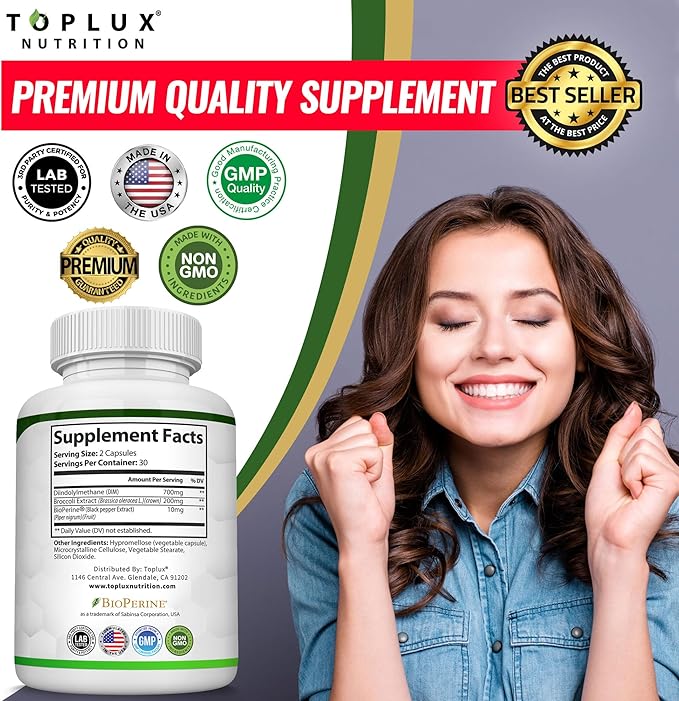 Dim Supplement 910 mg Plus BioPerine Complex - Diindolylmethane to Support Hormone Balance and Estrogen Metabolism Helps with Menopause Acne PCOS Better Skin Bodybuilding for Men Women 60 Capsules