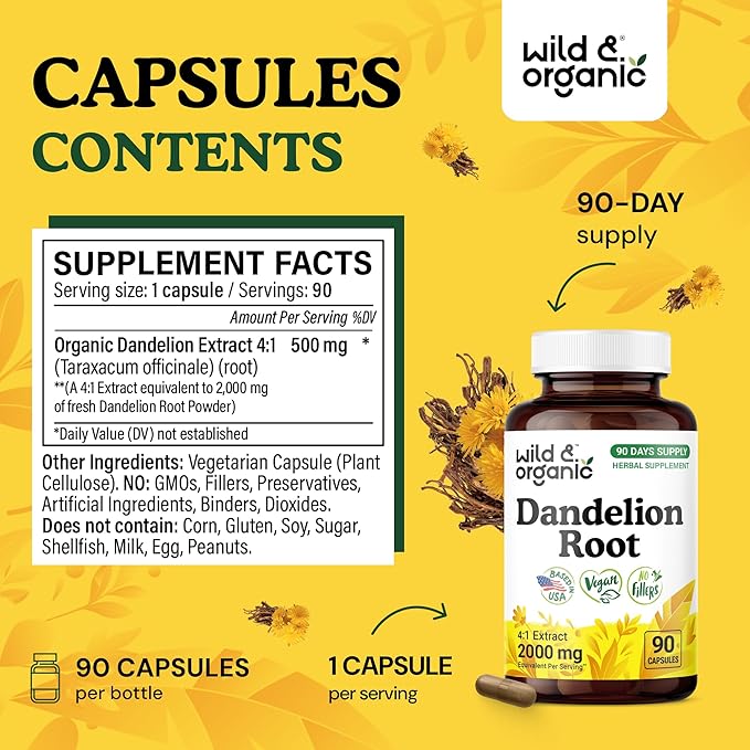 Wild &amp Organic Dandelion Root Capsules - Liver Detox Supplements - 2000 mg of Fresh Dandelion Root Powder per Capsule - 90 Vegan Capsules - 3 Month Supply - No Fillers Non-GMO