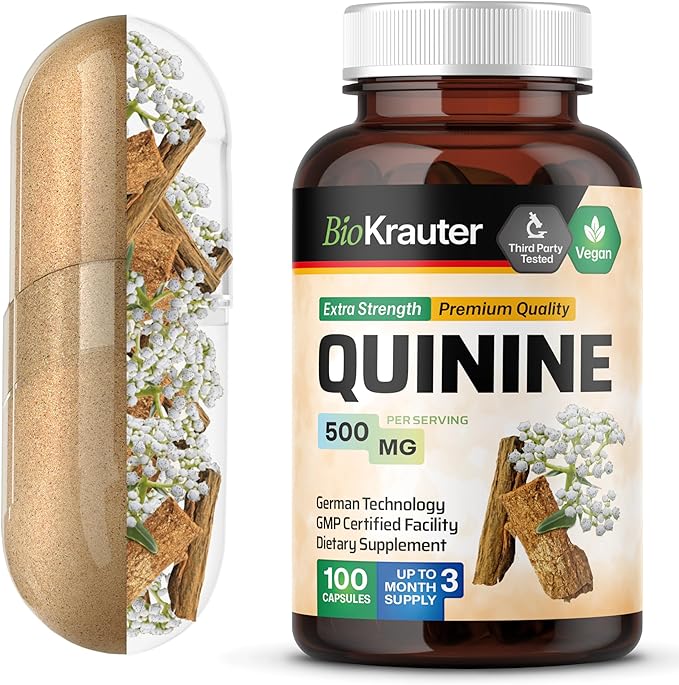 BIO KRAUTER Quinine for Leg Cramps Capsules 500 mg - 100 Count - Cinchona Bark Powder - Quinine Capsules - Vegan No Fillers