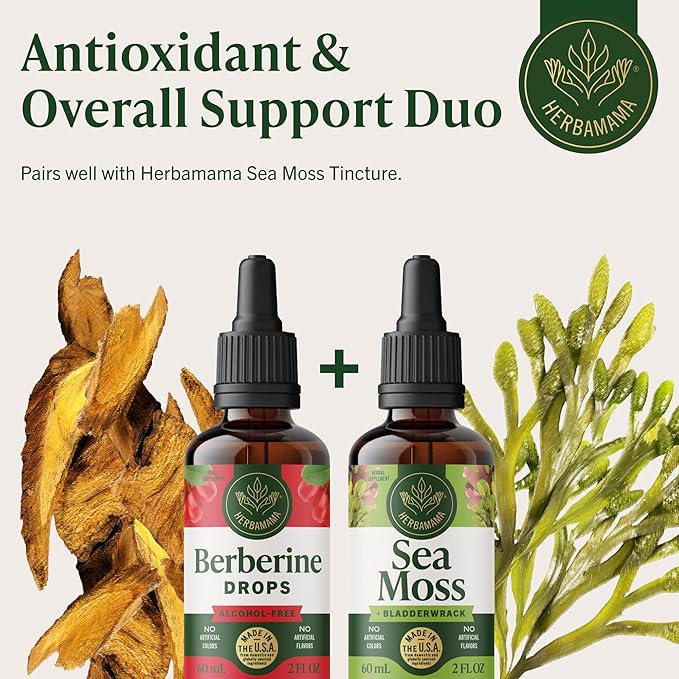 HERBAMAMA Berberine Liquid Drops - Vegan Antioxidant &amp Overall Support with Berberine HCL 500mg Extract Tincture - Non-GMO Alcohol &amp Sugar-Free Supplement 42-Day Supply