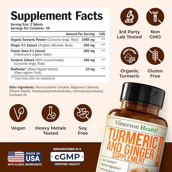 Turmeric Curcumin Supplement with Ginger Root for Joint Support Digestive &amp Gut Health - Contains Organic Turmeric Curcumin with Black Pepper (Bioperine) for Enhanced Absorption - 60 Tablets