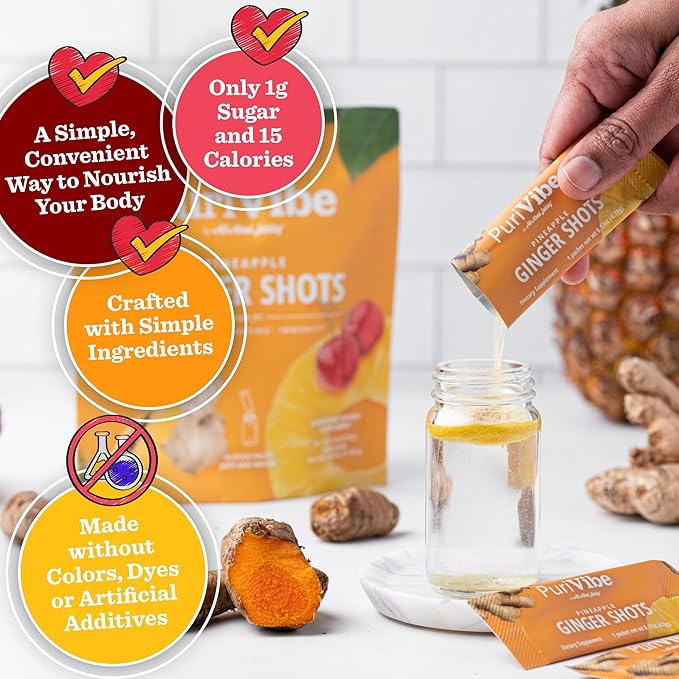 Ginger Shots with Turmeric &amp Pineapple - Ginger Juice Superfood Powder - Immunity Shots &amp Wellness Shots for Digestion &amp Energy Support - 15 Stick Packs - PuriVibe