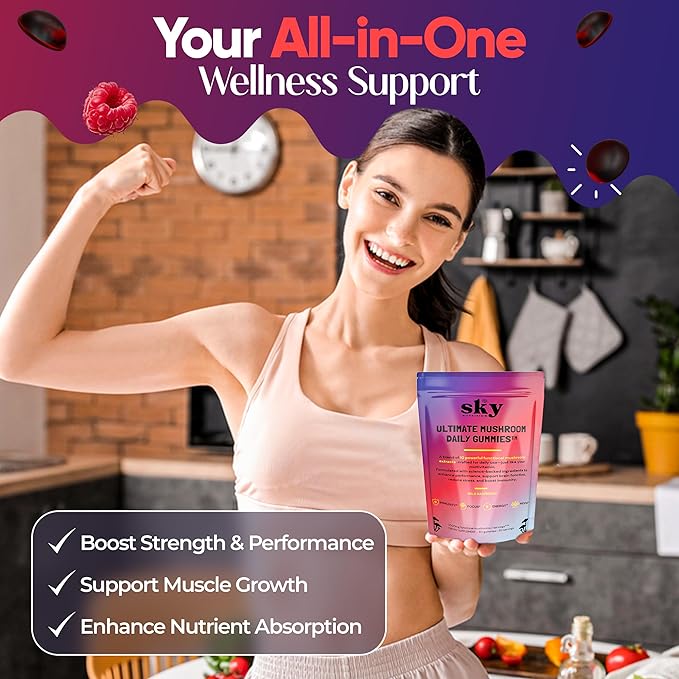 Mushroom Gummies - 10-in-1 Adaptogenic Mushroom Supplement for Adults - Lions Mane Reishi Cordyceps Chaga Turkey Tail - Raspberry Flavored Vegan Gummies for Focus &amp Energy - 60 Ct.