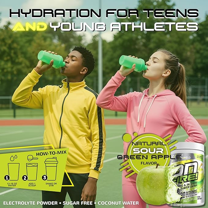 ON-FIRE Sport Drink for Kids – Electrolytes No Sugar | Instant Hydration Powder with Coconut Water BCAAs Green Tea &amp Stevia | Water Boy Hydration for Young Athletes 12+ | Green Apple Drink Mix |