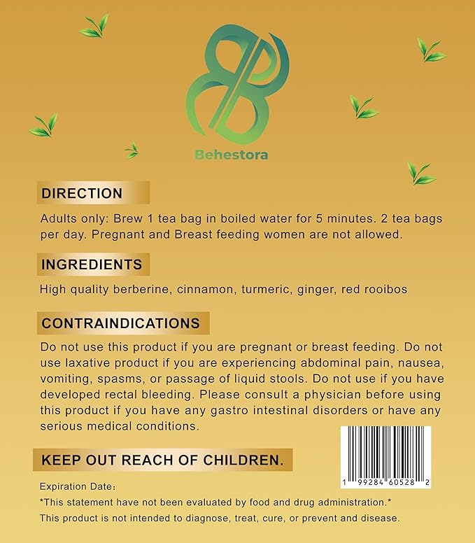 Behestora Berberine Tea is a caffeine-free - Herbal Detox Tea crafted with a blend berberine - cinnamon - turmeric - ginger - red rooibos - 15 Bags