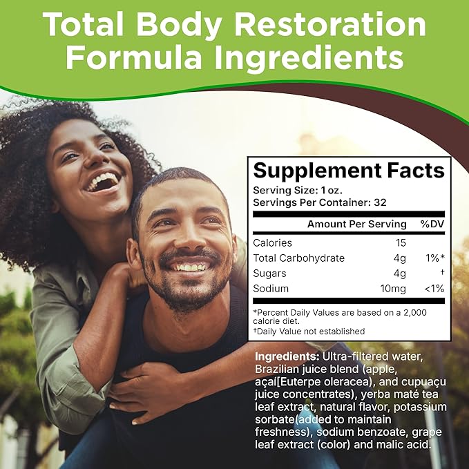 Nzuri Vida All-Natural Energy &amp Stress Support Tonic 10-in-1 Total Body Restoration Drink with Acai Berry Cupuacu &amp Yerba Mate. Smooth Energy Calm Focus Detox &amp Immune Support 4 Ounces