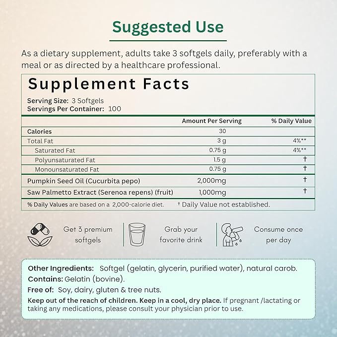 Pumpkin Seed Oil with Saw Palmetto Capsules – Men’s Prostate Hair &amp Hormone Support Supplement – 3000 mg High Potency Cold-Pressed Formula – Non-GMO Gluten-Free Lab Tested – 300 Softgels
