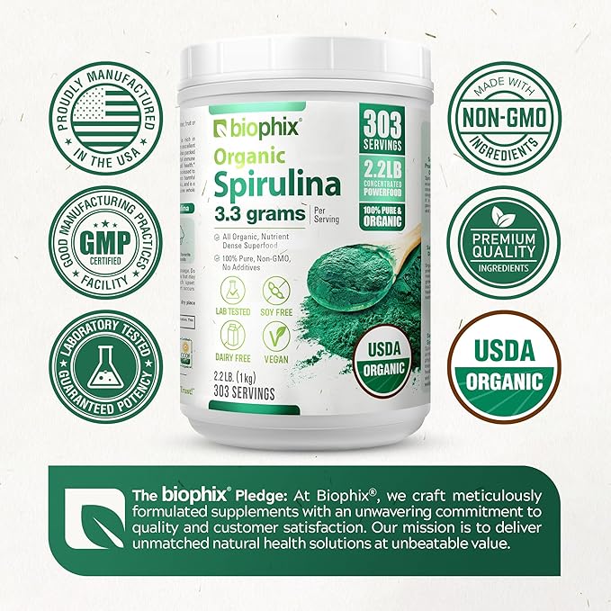 biophix Organic Spirulina Powder 2.2 Lbs 100% Pure Spirulina Blue Green Algae Powder Vegan Non GMO Non-Irradiated USDA Certified Best Protein Superfood