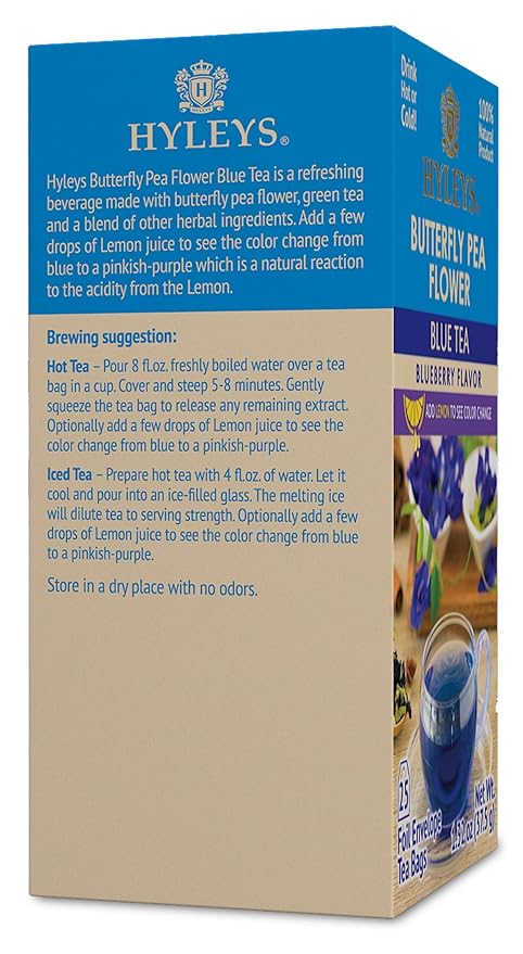 Hyleys Butterfly Pea Flower Tea – Blue Tea with Natural Blueberry Flavor – 25 Tea Bags – Green Tea Chamomile Cinnamon Lemongrass (12 Pack - 300 Tea Bags Total)