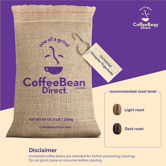 Coffee Bean Direct Unroasted Ethiopian Yirgacheffe 5 Pound (Pack of 1)