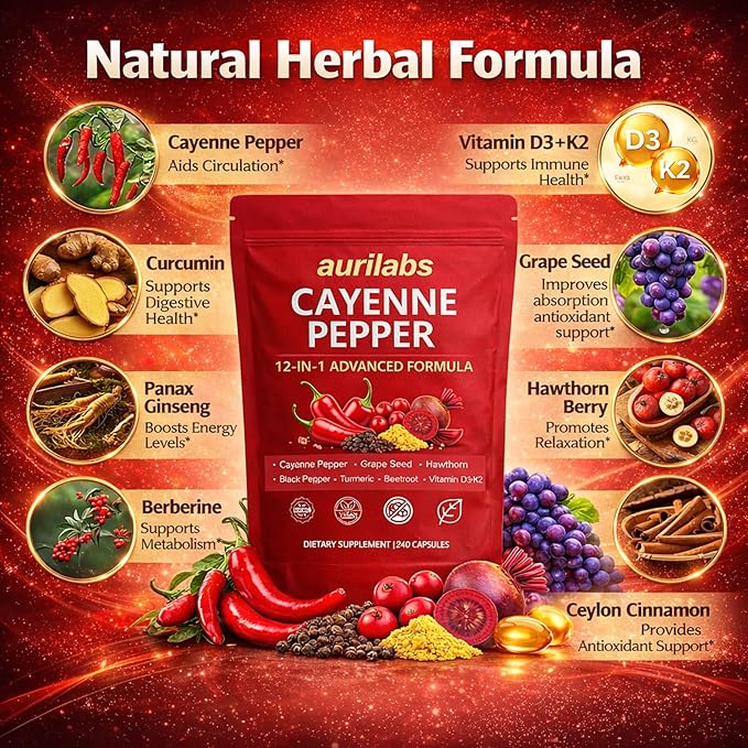 Aurilabs Cayenne Pepper softgels - Vitamin D3+K2 Complex Circulation Support Formula with Capsaicin &amp Botanicals Vegetarian Non-GMO Softgels for Daily Wellness (2)