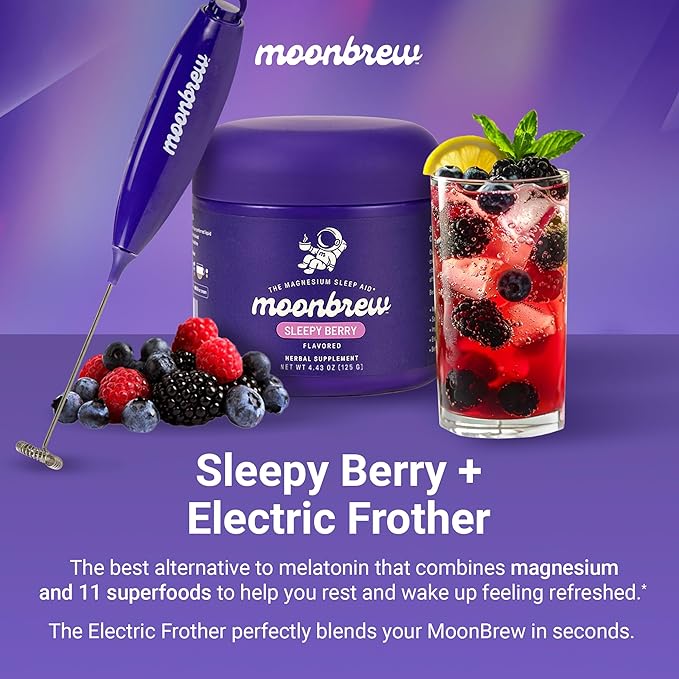 MoonBrew Sleep Aid Sleepy Berry Smoothie Drink Mix &amp Electric Milk Frother Bundle