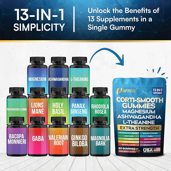 Corti-Smooth Cortisol Support Gummies with Magnesium L-Theanine Ashwagandha Phosphatidylserine Bacopa Monnieri Lions Mane Ginkgo Biloba Valerian Root (Mixed Berry Flavor - 2 Pack)