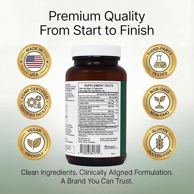 PRISTINE'S Senolytic Anti Aging &amp Autophagy Aid Age Renewal Complex - Senescent Cell Removal Support - Fisetin Quercetin Curcumin Zinc - Gluten Free Non-GMO Vegan USA Made